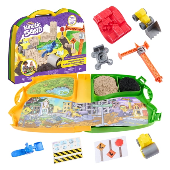 Kinetic Sand, Construction Zone with 1.75lb Sand, 2 Vehicles, Tools & Storage Case