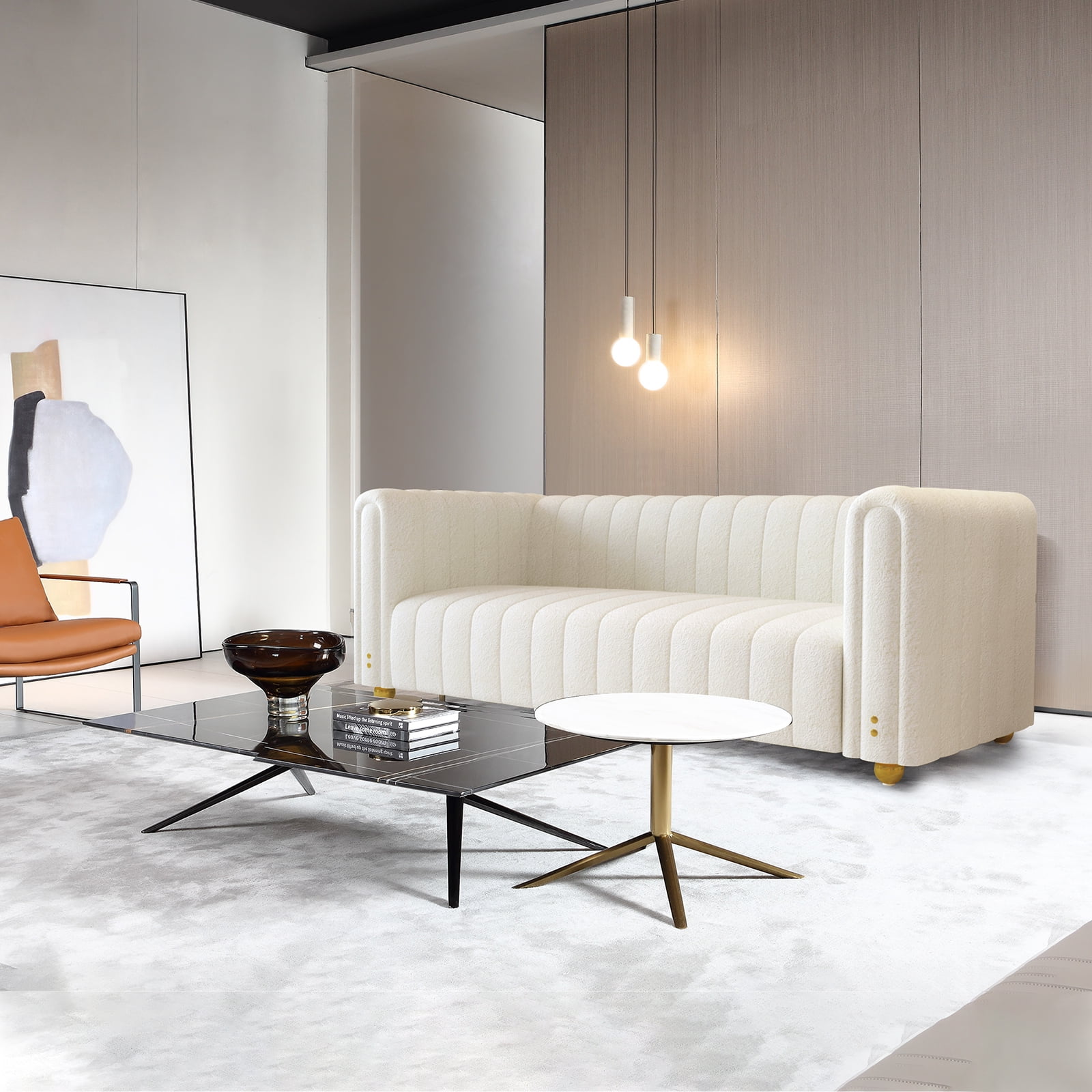 KINFFICT 3Seater Sofa Couch, Teddy Velvet Upholstered Channel Stitch