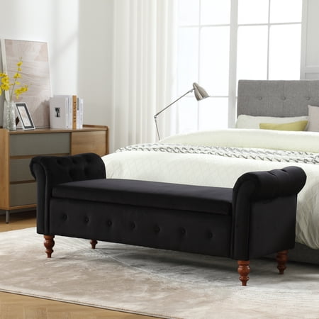 KINFFICT 63" Velvet End of Bed Bench for Bedroom, Upholstered Storage Ottoman Bench with Arms Entryway Bench with Storage for Living Room Bedroom, Black