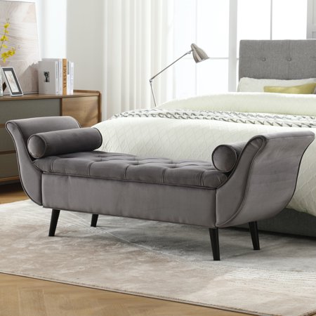 KINFFICT 65" Velvet End of Bed Bench for Bedroom, Upholstered Storage Ottoman Bench with Arms Tufted Bed Bench Entryway Bench with Storage for Living Room Bedroom, Gray