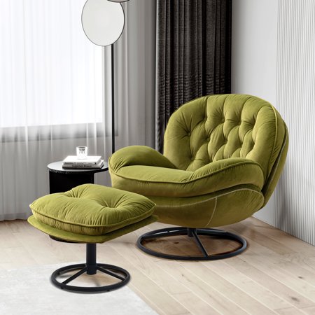 KINFFICT Accent Swivel Chair with Ottoman, Modern Lounge Chair with Footrest, Comfy Round Armchair with Tufted Design, for Living Room Bedroom, Olive Green