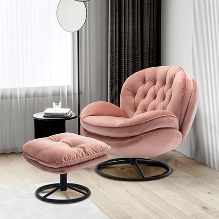 KINFFICT Accent Swivel Chair with Ottoman, Modern Lounge Chair with Footrest, Comfy Round Armchair with Tufted Design, for Living Room Bedroom, Pink
