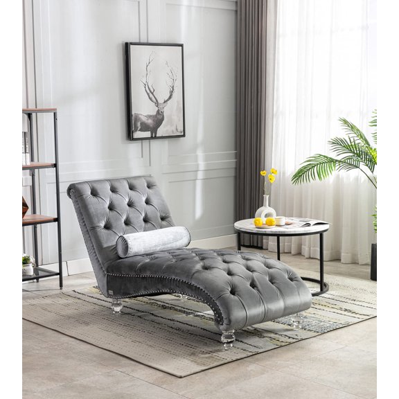 KINFFICT Chaise Lounge Indoor, Modern Upholstered Lounge Chair with Acrylic Legs, Velvet Chaise Lounge Chair for Bedroom, Living Room,Gray