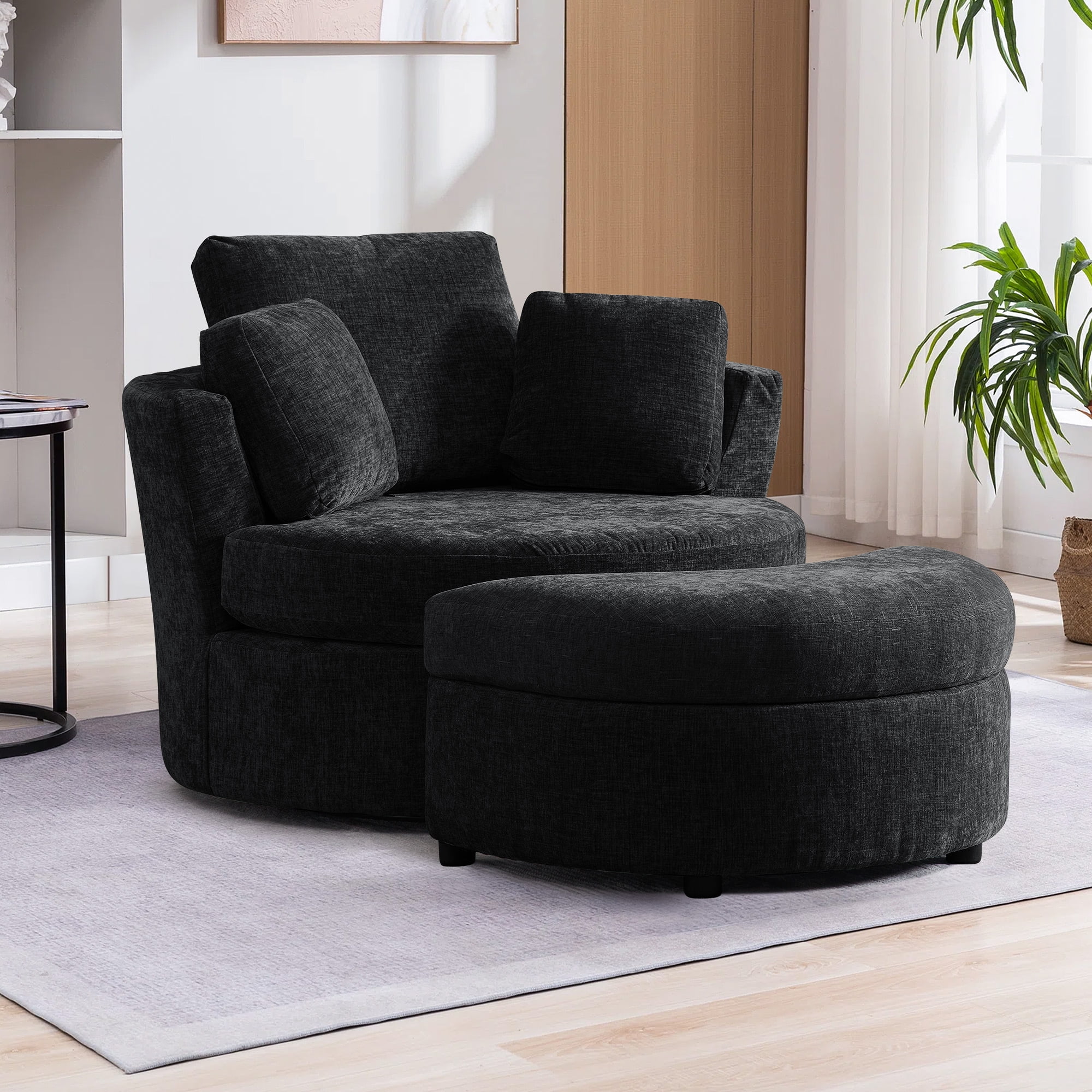 KINFFICT Chenille Swivel Barrel Chair with Storage Ottoman, Oversized