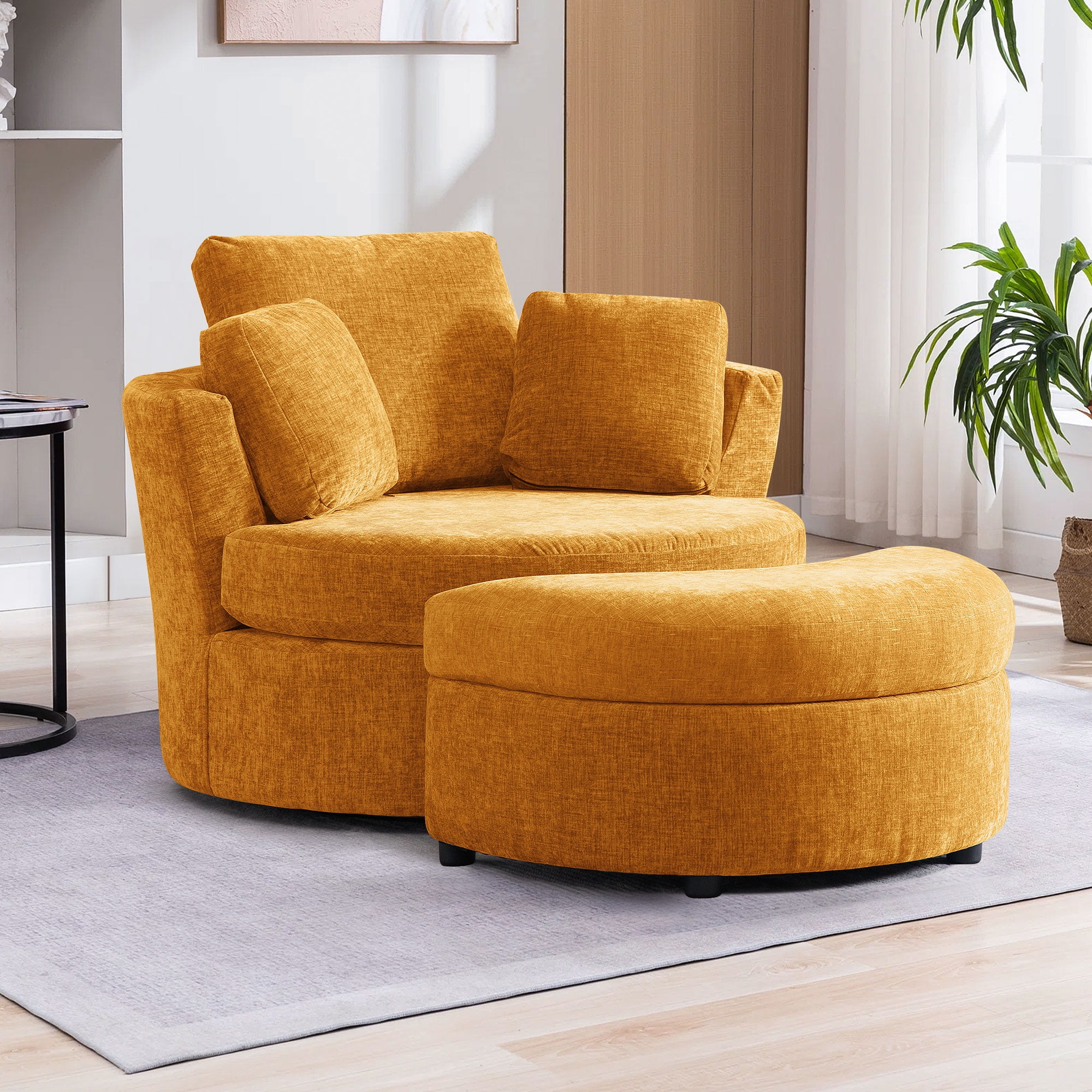 KINFFICT Chenille Swivel Barrel Chair with Storage Ottoman Oversized Comfy Accent Chair for Living Room Bedroom Yellow Walmart