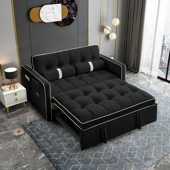 KINFFICT Futon Sofa Bed, Convertible Sleeper Sofa Bed with Pull Out Couch, Modern Velvet Loveseat Sleeper, Small Couch for Living Room, Black