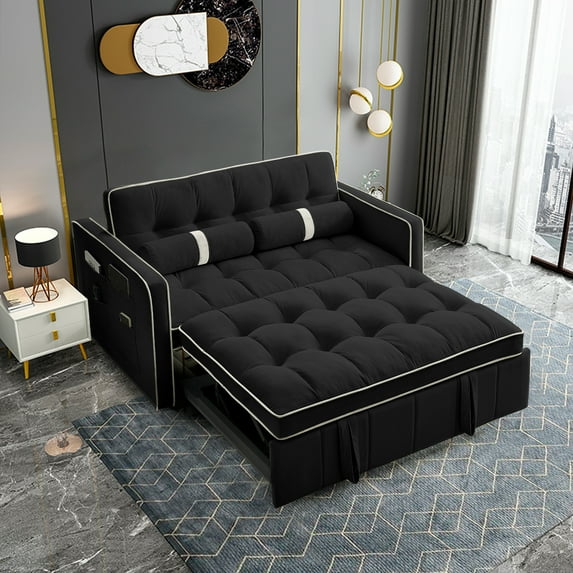 KINFFICT Futon Sofa Bed, Convertible Sleeper Sofa Bed with Pull Out Couch, Modern Velvet Loveseat Sleeper, Small Couch for Living Room, Black