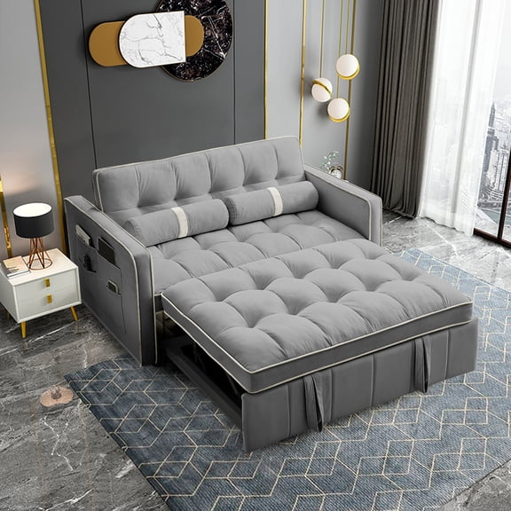 KINFFICT Futon Sofa Bed, Convertible Sleeper Sofa Bed with Pull Out Couch, Modern Velvet Loveseat Sleeper, Small Couch for Living Room, Gray