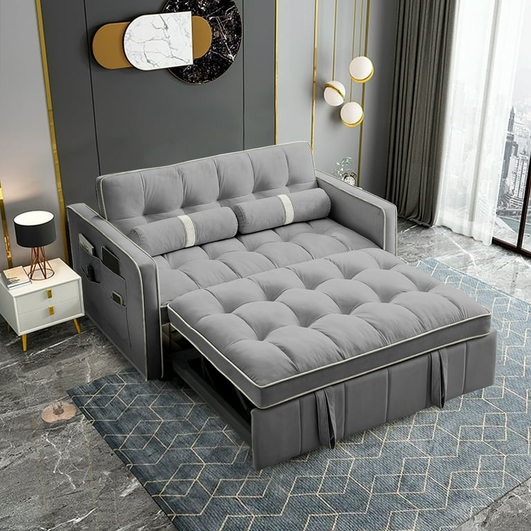 KINFFICT Futon Sofa Bed, Convertible Sleeper Sofa Bed with Pull Out Couch,  Modern Velvet Loveseat Sleeper, Small Couch for Living Room, Gray 