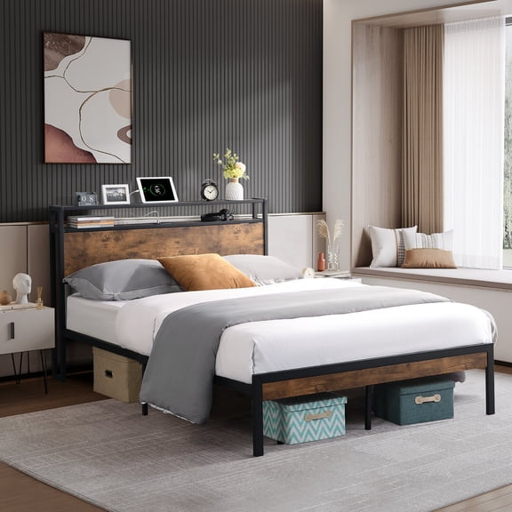 KINFFICT Queen Size Metal Platform Bed Frame with Wooden Headboard and Footboard, with USD Liner, Sturdy Steel Slat Support, 10.4" Underbed Storage, No Box Spring Needed, Easy Assemble