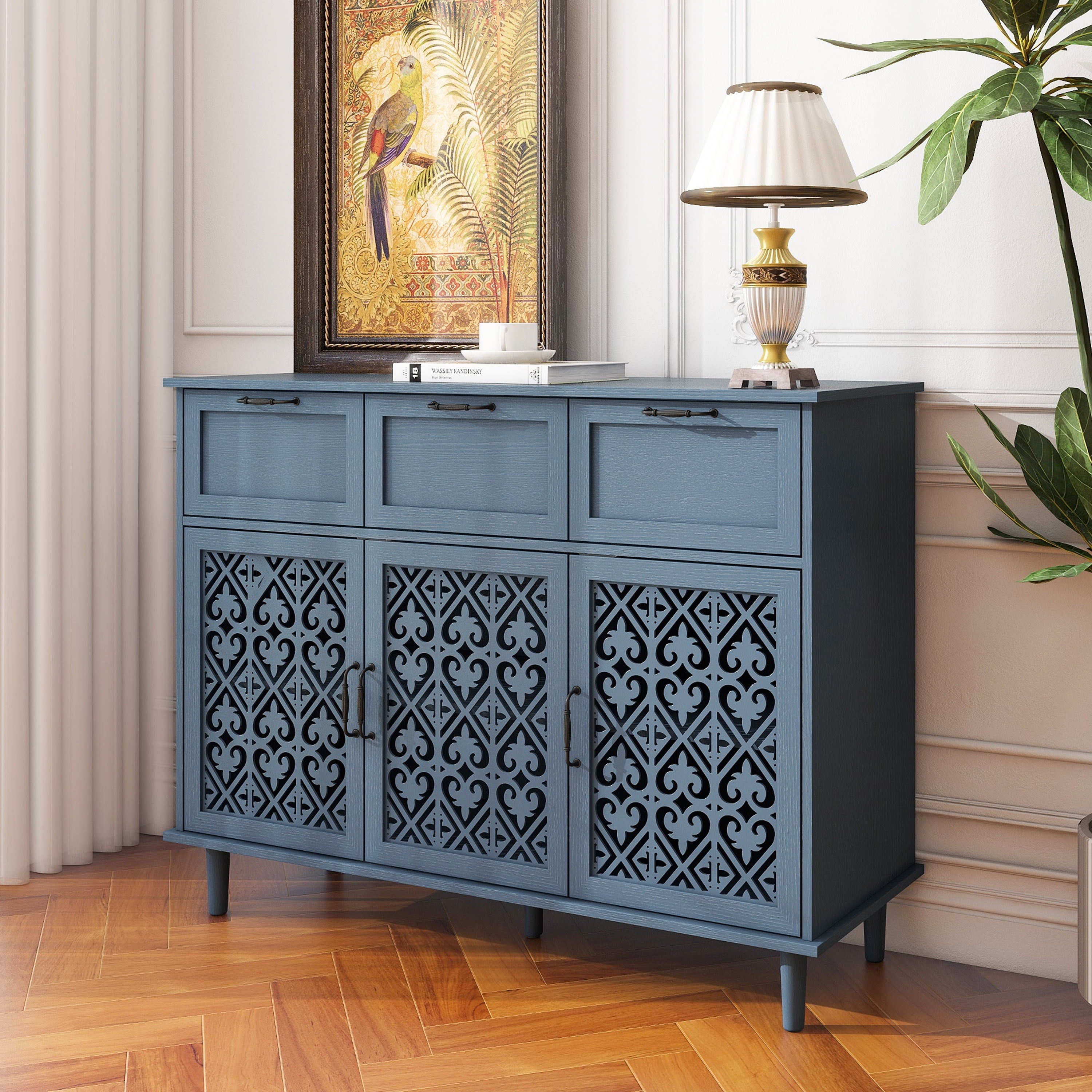 KINFFICT Sideboard Storage Cabinet with 3 Doors & 3 Drawers, Mid ...