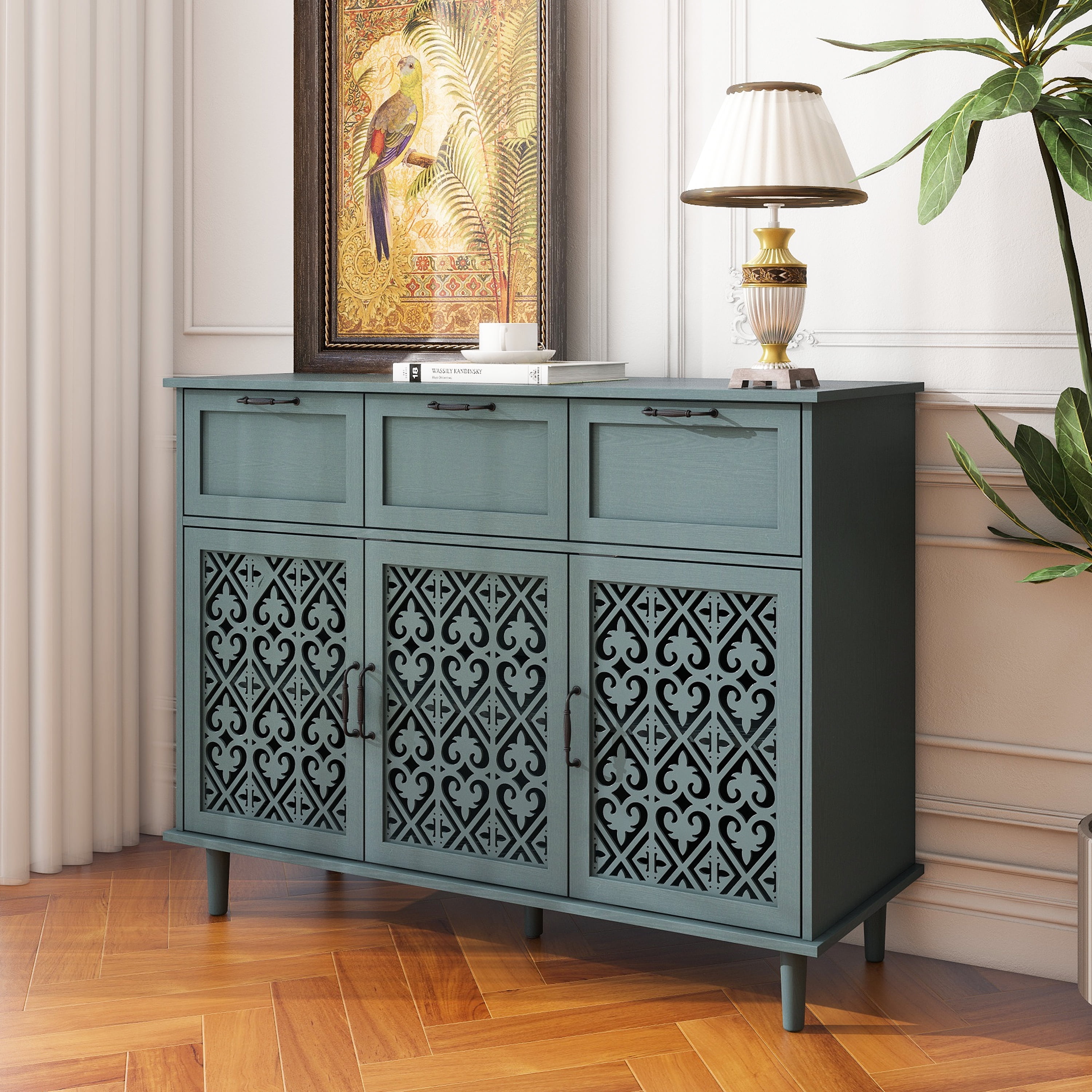 Dark Green Mid-Century Carved Wood Sideboard Cabinet with 3 Doors and 3 Drawers