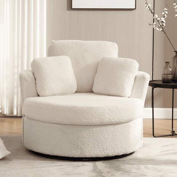 KINFFICT Teddy Swivel Barrel Chair Accent Chair, Oversized Comfy Armchair with Pillows, Modern Leisure Sofa Chair for Living Room Bedroom, Ivory
