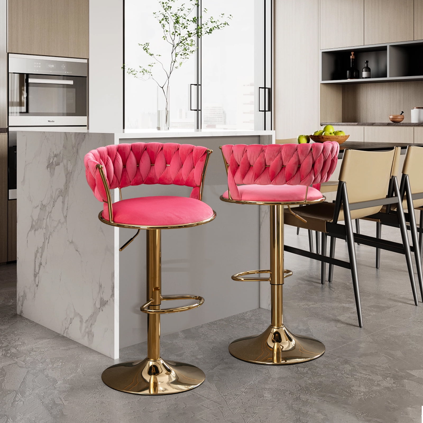 KINFFICT Upholstered Adjustable Swivel Barstool Set of 2, Velvet Bar