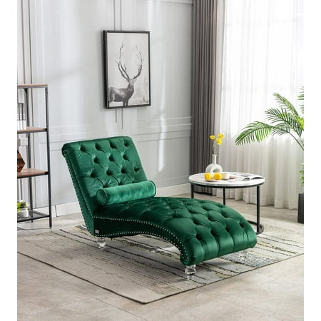 KINFFICT Velvet Chaise Lounge Chair with Toss Pillow, Modern Tufted Button Lounge Chair, Upholstered Indoor Chair for Living Room, Bedroom,Emerald Green