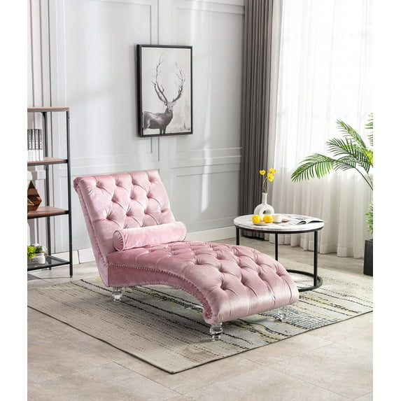 KINFFICT Velvet Chaise Lounge Chair with Toss Pillow, Modern Tufted Button Lounge Chair, Upholstered Indoor Sleeper Chair for Living Room, Bedroom, Pink