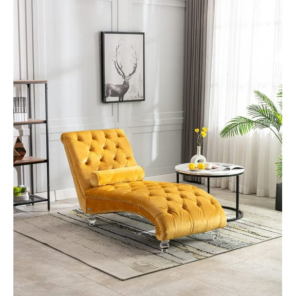 KINFFICT Velvet Chaise Lounge Chair with Toss Pillow, Modern Tufted Button Lounge Chair, Upholstered Indoor Chair for Living Room, Bedroom,Yellow