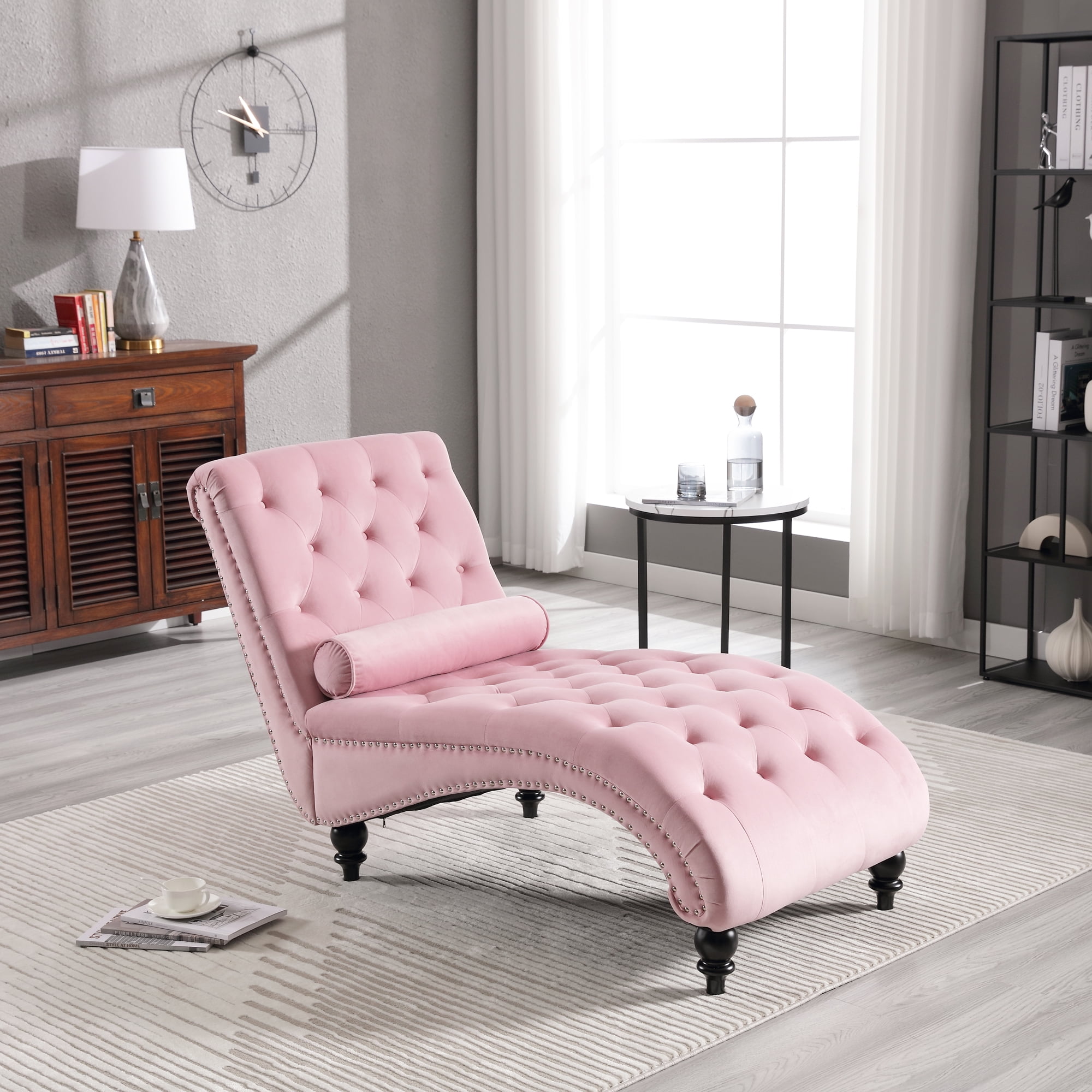 KINFFICT Velvet Chaise Lounge Indoor, Tufted lounge chair with Wood