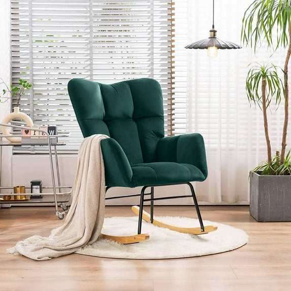 KINFFICT Velvet Rocking Accent Chair, Uplostered Glider Rocker Armchair for Baby Nursery, Comfy Side Chair for Living Room, Green