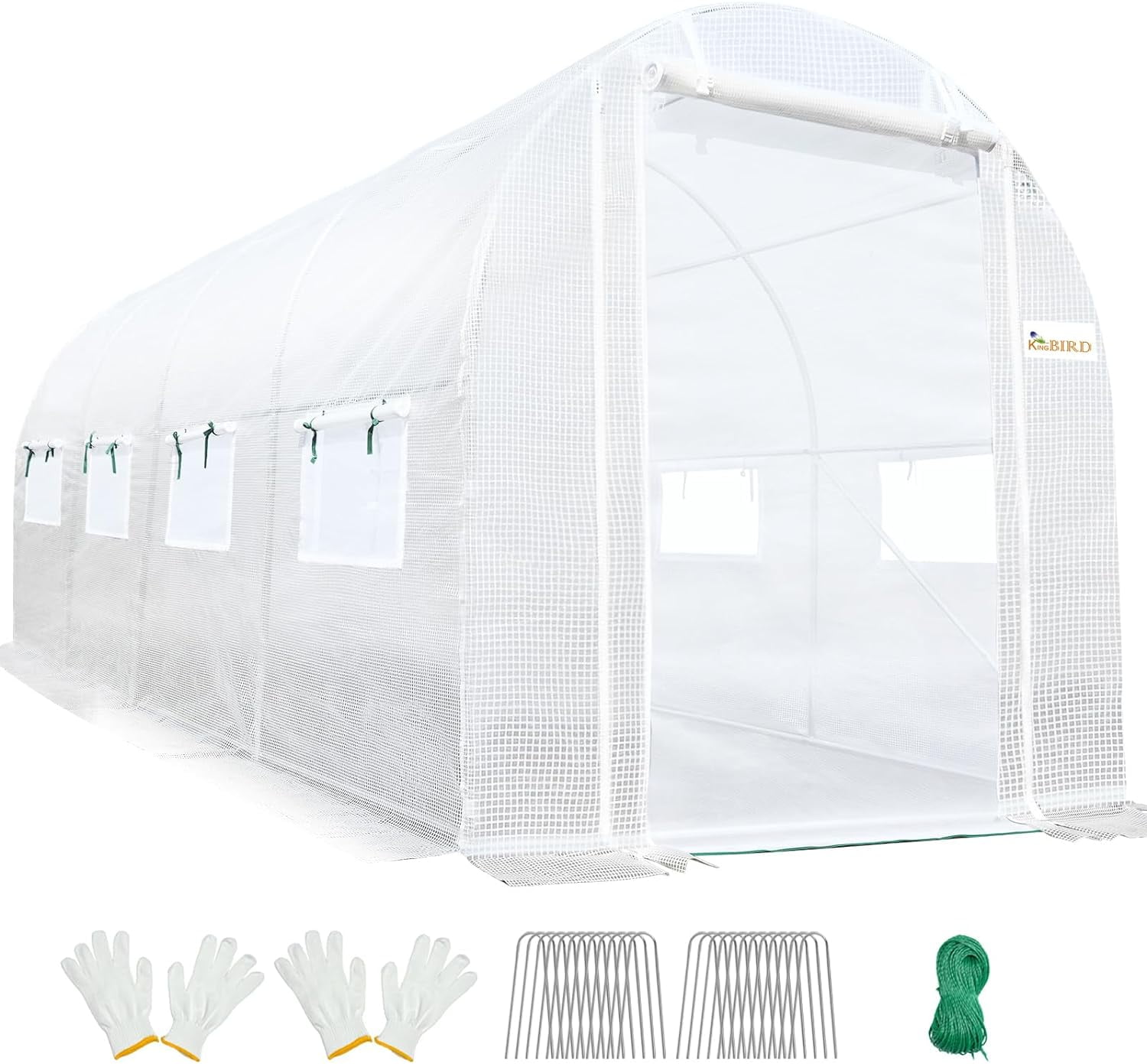 KING BIRD 15x6.6x6.6FT Large Walk-in Greenhouse Upgraded Heavy Duty Galvanized Steel Frame 2 Zippered Screen Doors 8 Screen Windows Tunnel Garden Plant Hot Green House White