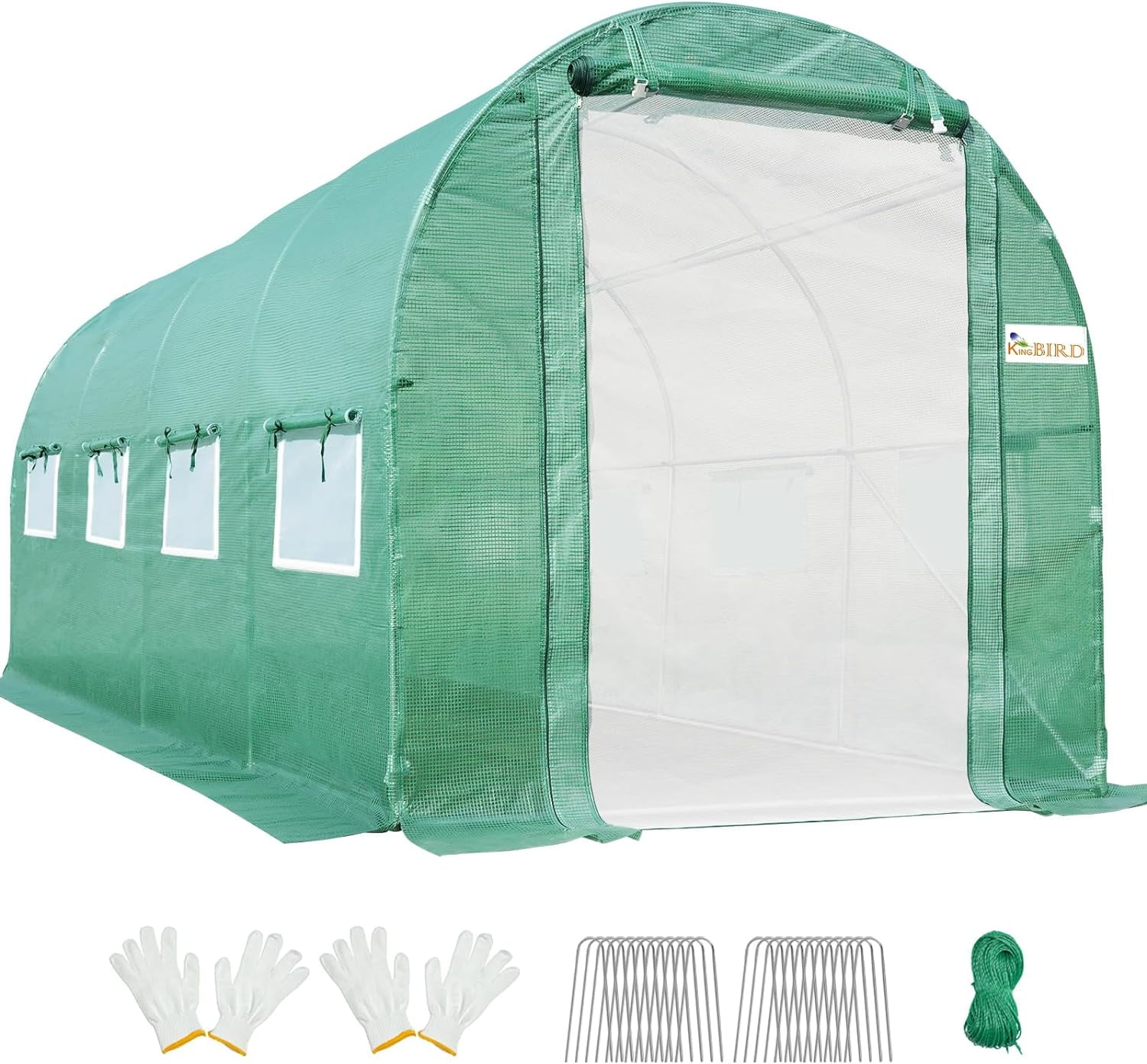 Walmart Saving of  KING BIRD 15x6.6x6.6FT Large Walk-in Greenhouse Upgraded Heavy Duty Galvanized Steel Frame 2 Zippered Screen Doors 8 Screen Windows Tunnel Garden Plant Hot Green House Green