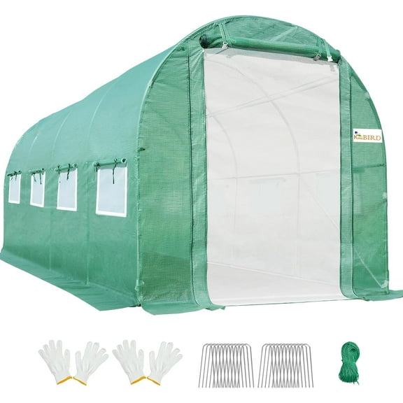 KING BIRD 15x6.6x6.6FT Large Walk-in Greenhouse Upgraded Heavy Duty Galvanized Steel Frame 2 Zippered Screen Doors 8 Screen Windows Tunnel Garden Plant Hot Green House Green