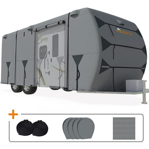 KING BIRD 210D Oxford Travel Trailer RV Cover, Fits 27-30Ft Camper Motorhome - Waterproof, Anti-UV with 2 Pcs Straps & 4 Tire Covers