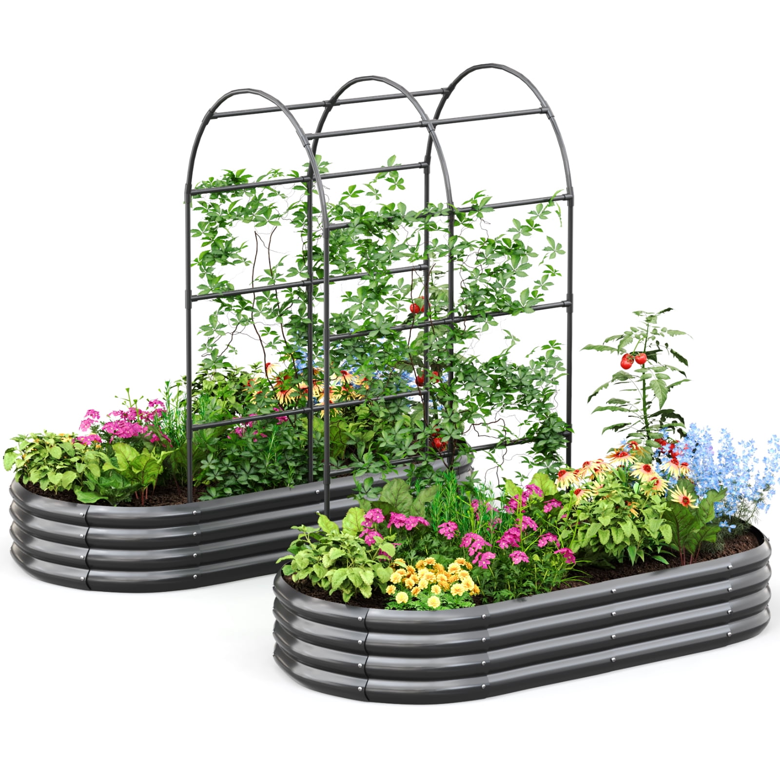 KING BIRD 2Pcs 6x3x1 ft Raised Garden Bed with Arched Trellis Galvanized Steel Metal Planter Garden Box Outdoor for Gardening Climbing Vegetables Flowers Dark Gray
