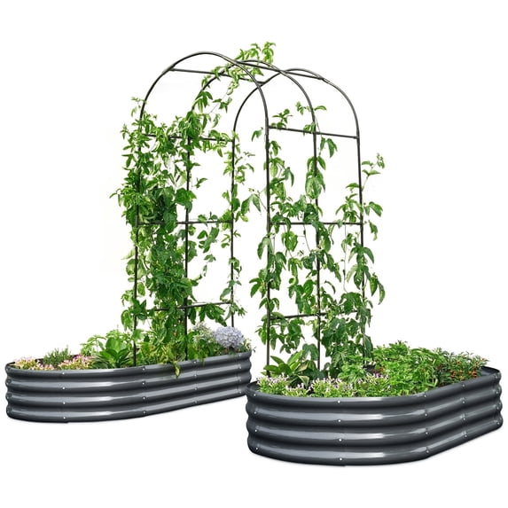 KING BIRD 2Pcs 6x3x1 ft Raised Garden Bed with Arched Trellis Galvanized Steel Metal Planter Garden Box Outdoor for Gardening Climbing Vegetables Flowers Dark Gray