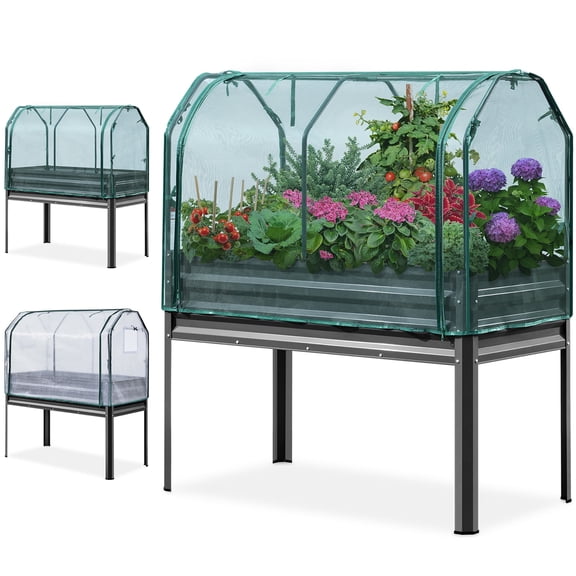 KING BIRD 47"×24"×56" Raised Garden Bed with Greenhouse, Plants Protection Cover, Legs Galvanized Steel Metal Elevated Garden Planter Box for Outdoor Gardening Dark Grey