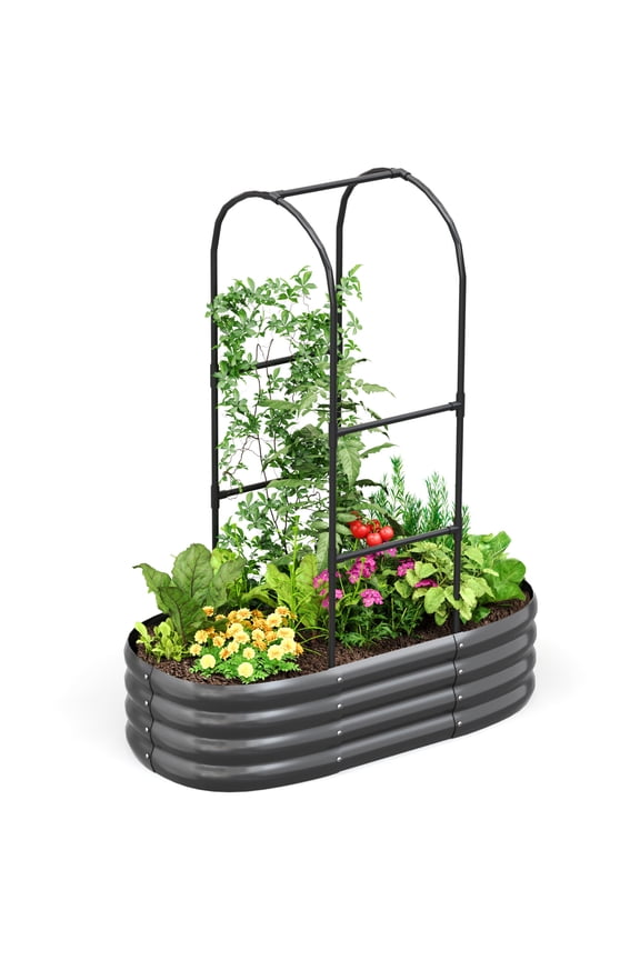 4x2x1 ft Raised Garden Bed with Arched Trellis Galvanized Steel Metal Planter Garden Box Outdoor for Gardening Climbing Vegetables Flowers Dark Gray