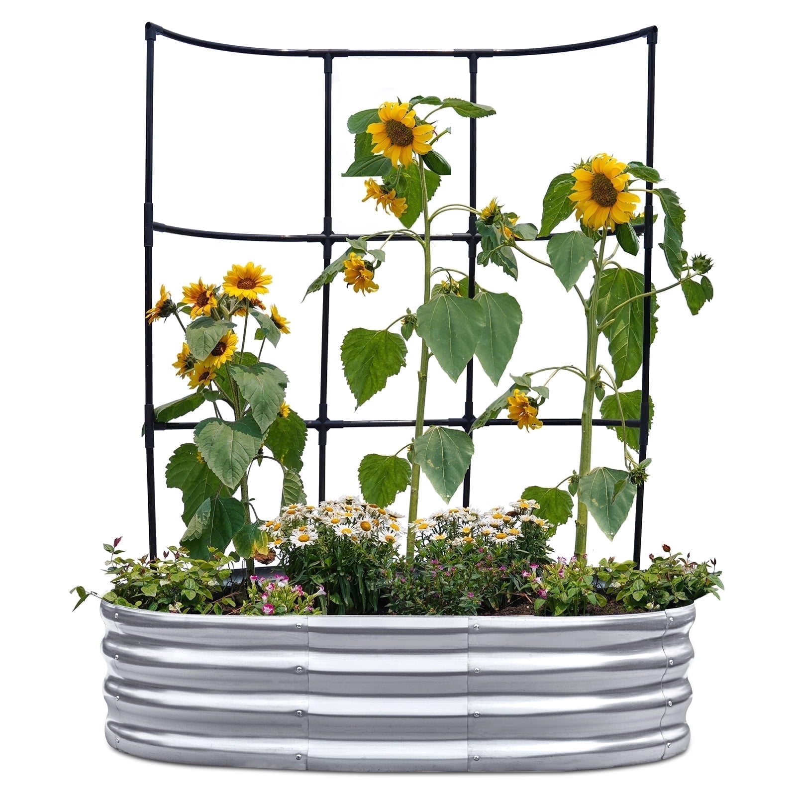 KING BIRD 4x3x1 ft Raised Garden Bed with Wall Trellis Galvanized Steel Metal Planter Garden Box for Outdoor Gardening Vegetables Flowers Silver