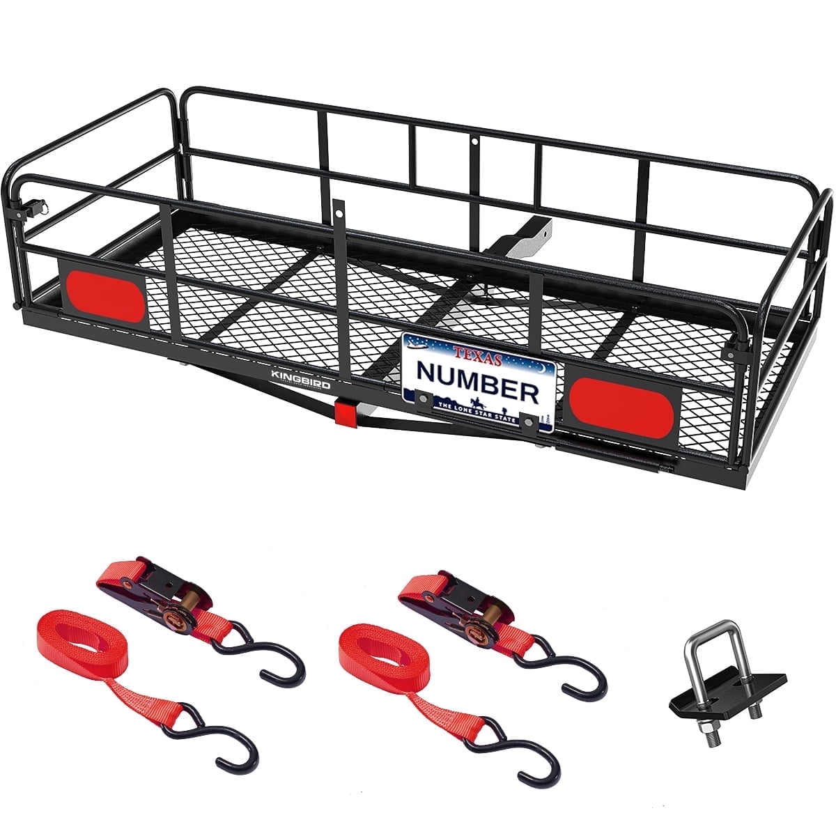 KING BIRD 60" x 24" x 14" Folding Hitch Mount Cargo Carrier, 550 lbs Vehicle Cargo Basket with License Plate Device Fits 2Receiver with Hitch Stabilizer and Ratchet Straps