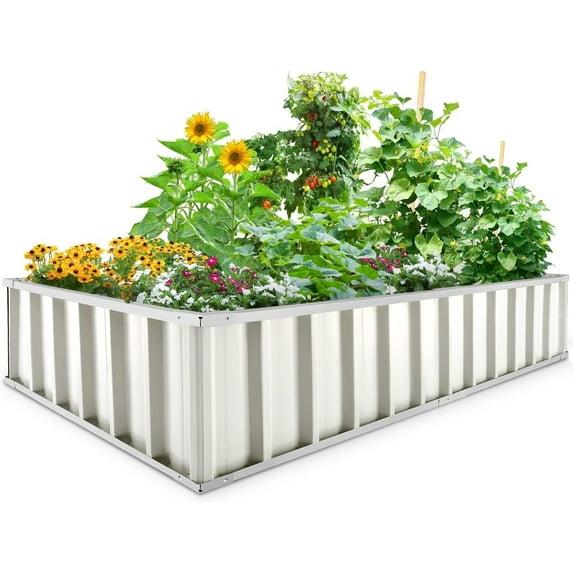 KING BIRD 68"x 36"x 12" Ivory Easy for DIY Color Raised Garden Bed Galvanized Steel Metal Planter Kit Box Grey W/ 8pcs T-Types Tag & 1 Pair of Gloves, 17 Cu. ft.