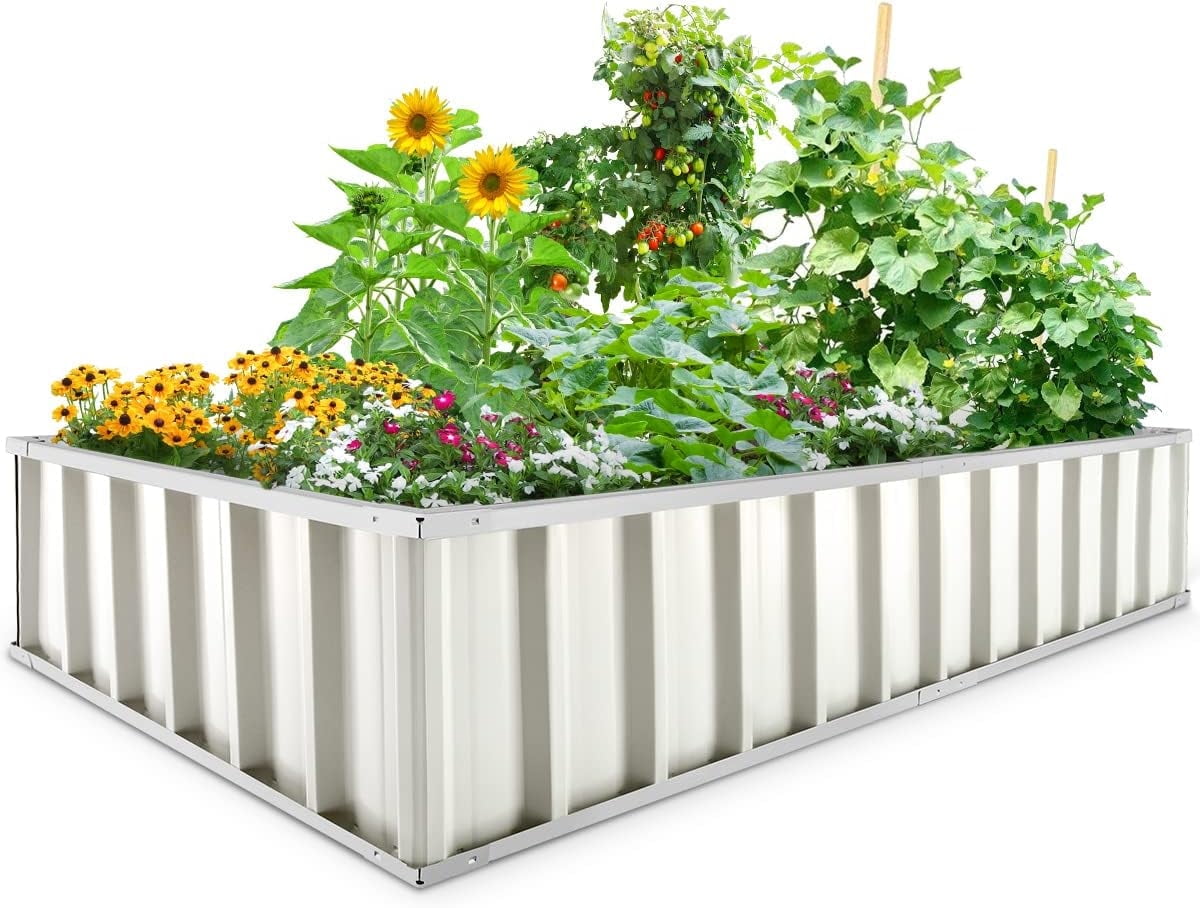 KING BIRD 68"x 36"x 12" Ivory Easy for DIY Color Raised Garden Bed Galvanized Steel Metal Planter Kit Box Grey W/ 8pcs T-Types Tag & 1 Pair of Gloves, 17 Cu. ft.
