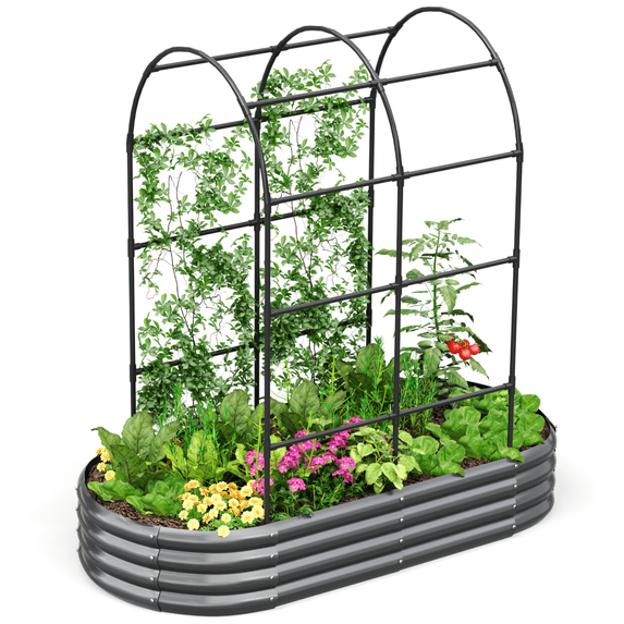 KING BIRD 6x3x1 ft Raised Garden Bed with Arched Trellis Galvanized Steel Metal Planter Garden Box Outdoor for Gardening Climbing Vegetables Flowers Dark Gray