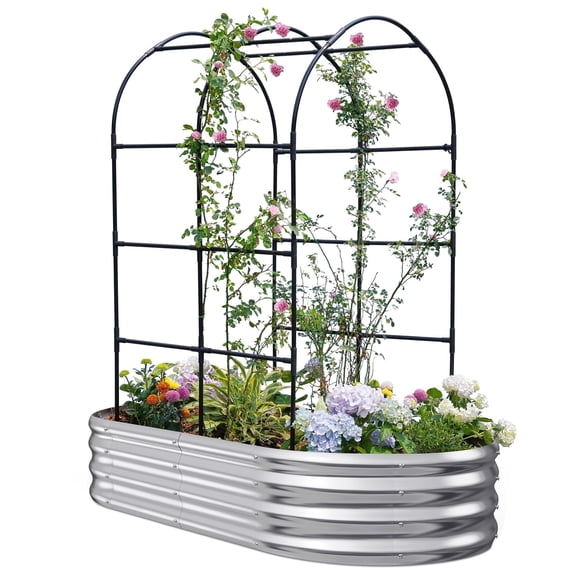 KING BIRD 6x3x1 ft Raised Garden Bed with Arched Trellis Galvanized Steel Metal Planter Garden Box Outdoor for Gardening Climbing Vegetables Flowers Silver