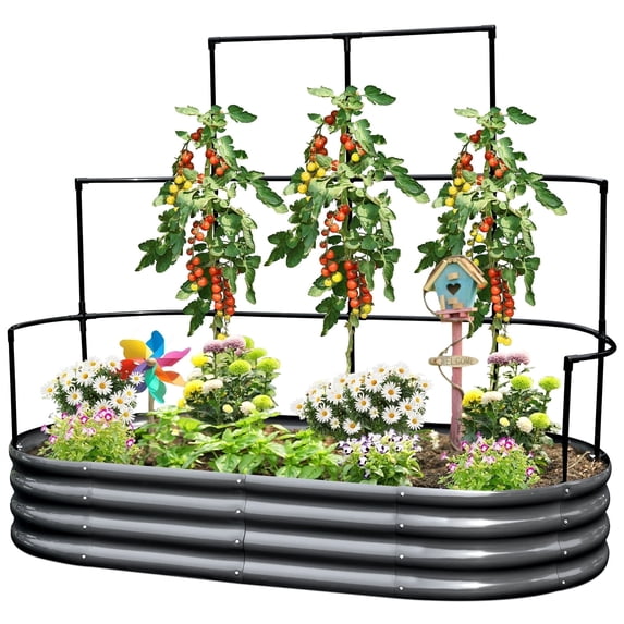 KING BIRD 6x3x1 ft Raised Garden Bed with Wall Trellis Galvanized Steel Metal Planter Garden Box Outdoor for Gardening Climbing Vegetables Flowers Dark Gray