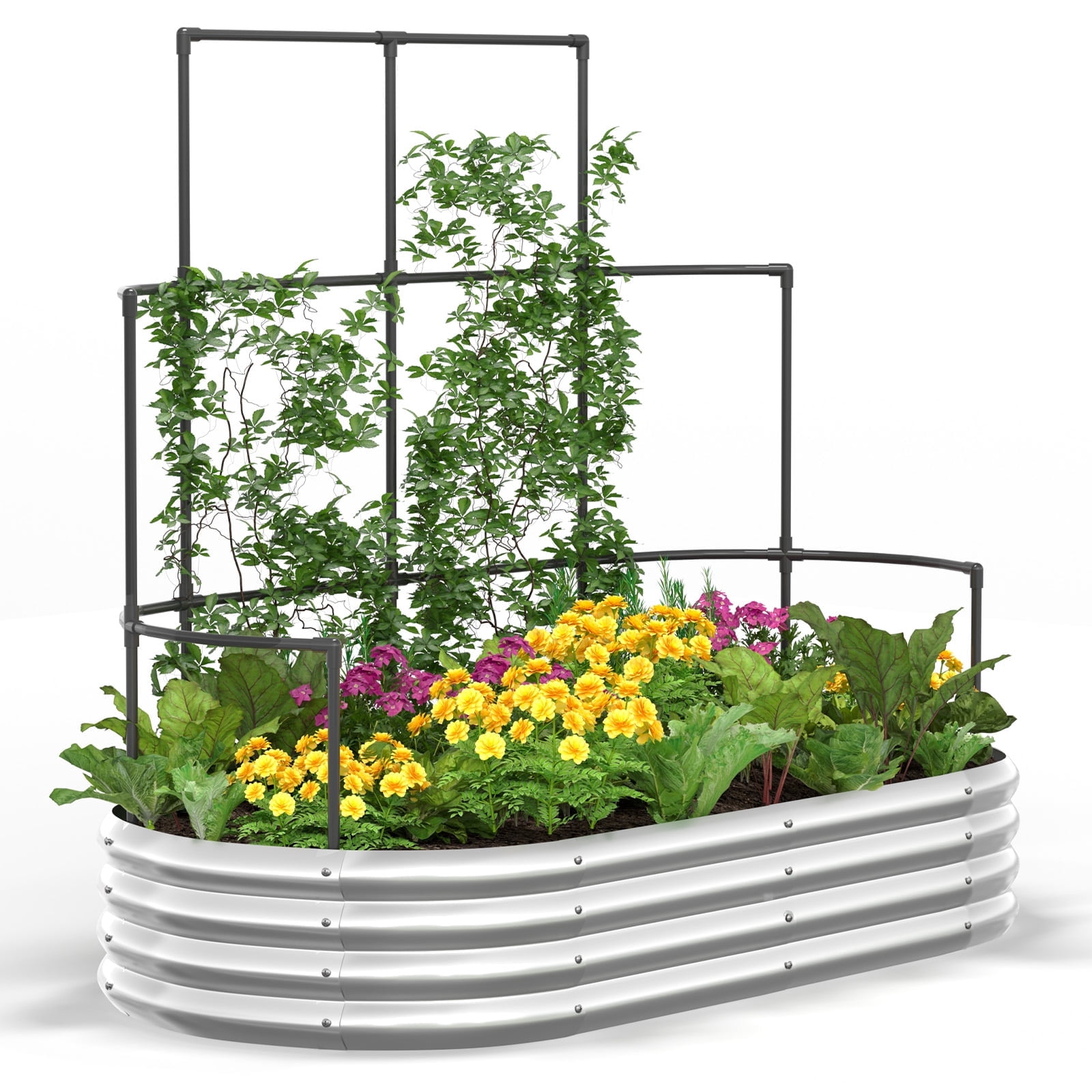 KING BIRD 6x3x1 ft Raised Garden Bed with Wall Trellis Galvanized Steel Metal Planter Garden Box Outdoor for Gardening Climbing Vegetables Flowers Silver