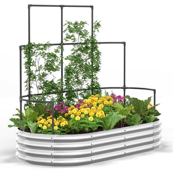 KING BIRD 6x3x1 ft Raised Garden Bed with Wall Trellis Galvanized Steel Metal Planter Garden Box Outdoor for Gardening Climbing Vegetables Flowers Silver