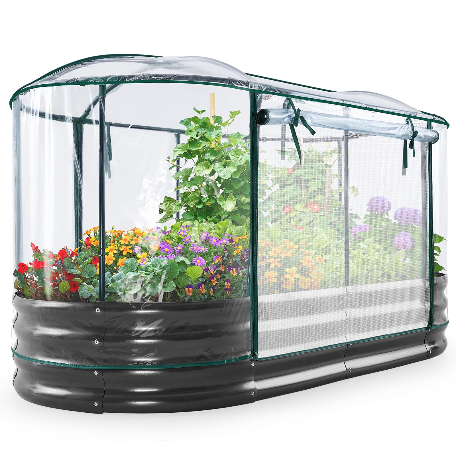 KING BIRD 6x3x1 ft Raised Garden Bed with Cover Galvanized Oval Planter Garden Box Outdoor for Gardening, Vegetables, Flowers , Clear
