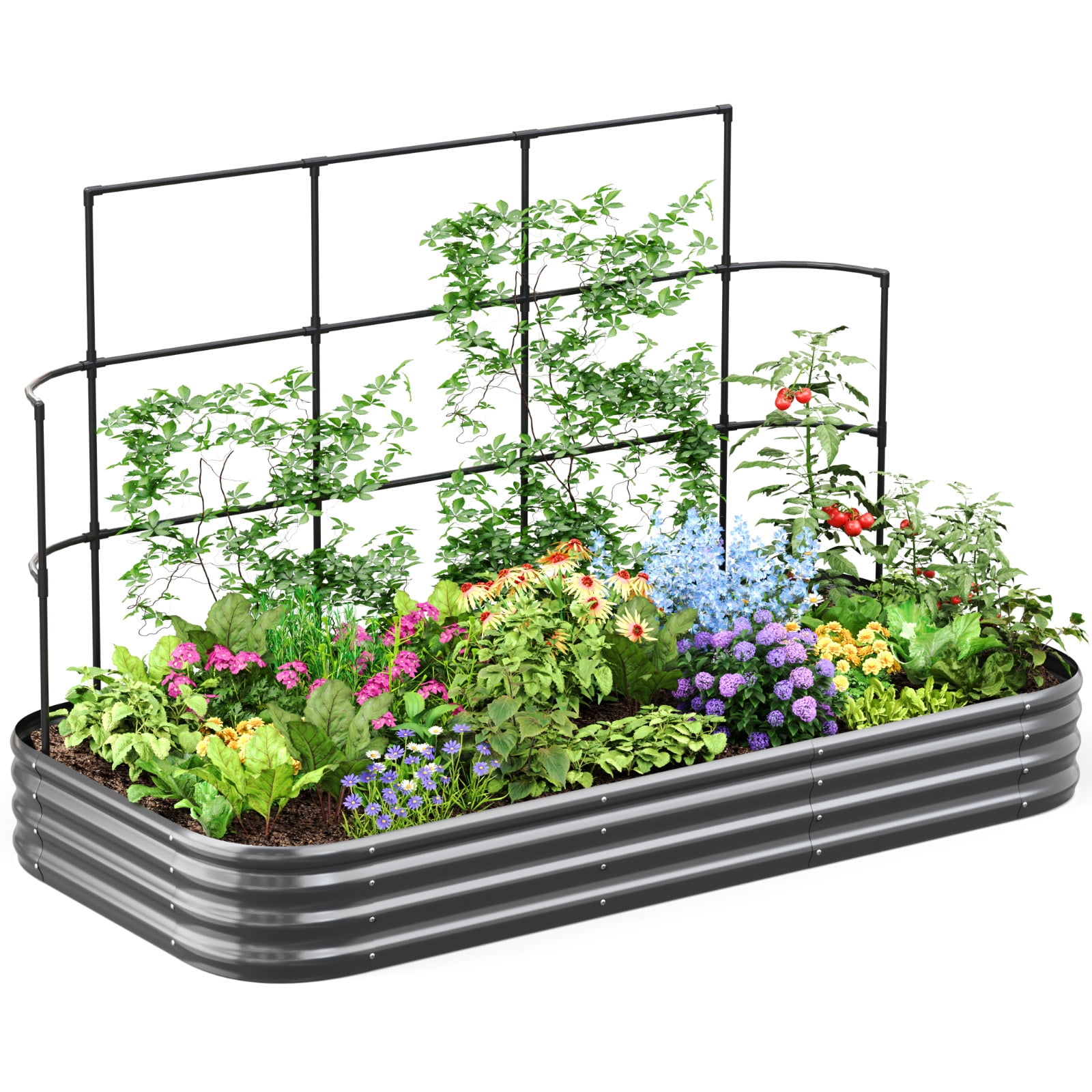 KING BIRD 7.87x3.94x0.98 ft Raised Garden Bed with Wall Trellis Galvanized Steel Metal Planter Garden Box Outdoor for Gardening Climbing Vegetables Flowers Dark Gray