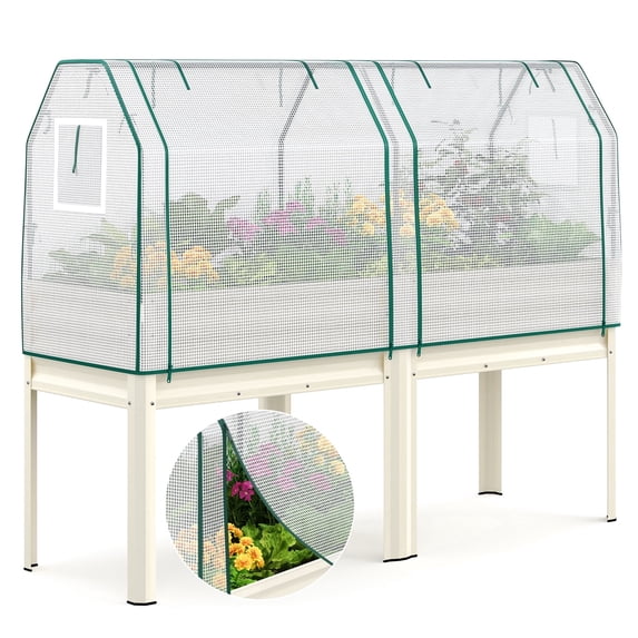 KING BIRD 71"×23"×55" Raised Garden Bed with Greenhouse, Legs Galvanized Steel Metal Elevated Garden Planter Box for Outdoor Gardening Beige