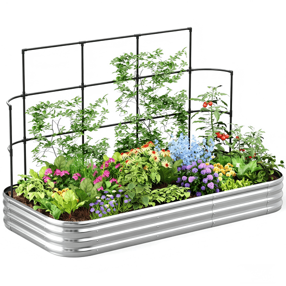 KING BIRD 8x4x1 ft Raised Garden Bed with Wall Trellis Galvanized Steel Metal Planter Garden Box Outdoor for Gardening Climbing Vegetables Flowers Silver
