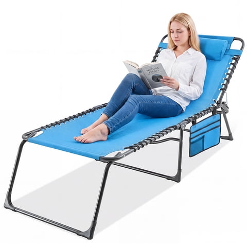 KING BIRD Folding Lounge Chair with Adjustable 4-Position Recline, Removable Pillow & Side Storage Bag, Heavy-Duty Support Up to 265 lbs, Portable for Patio, Beach, Camping & Backyard, Blue