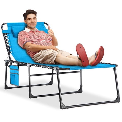 KING BIRD Outdoor Folding Chaise Lounge Chair, Portable Reclining Camping Tanning Chair with Headrest for Beach Patio, Blue