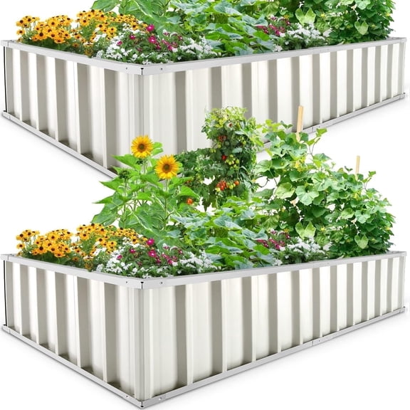 KING BIRD Raised Garden Bed 68''x36''x12'' x2 Packs, Galvanized Steel Metal Outdoor Planter Kit Box for Vegetables, Flowers, Fruits, Herbs, with 16pcs T-Type Tags & 2 Pairs of Gloves, Ivory