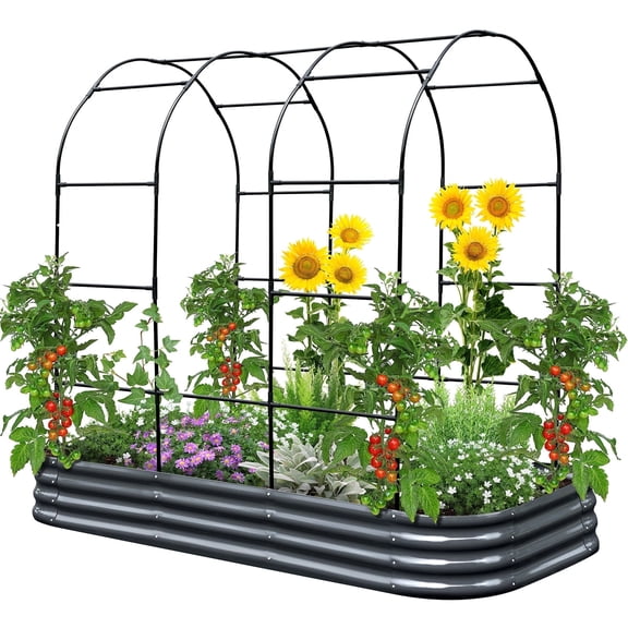 KING BIRD Raised Garden Bed with Arched Trellis Galvanized Planter Garden Box Outdoor for Gardening, Climbing Vegetables, Flowers 7.87x3.94x0.98 Ft, Dark Grey