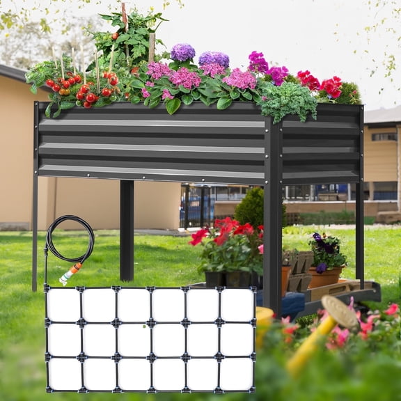 KING BIRD Raised Garden Bed with Irrigation System and Legs Galvanized Elevated Planter Box 48×24×30 in for Backyard, Patio, Balcony, 400lb Capacity, Dark Grey