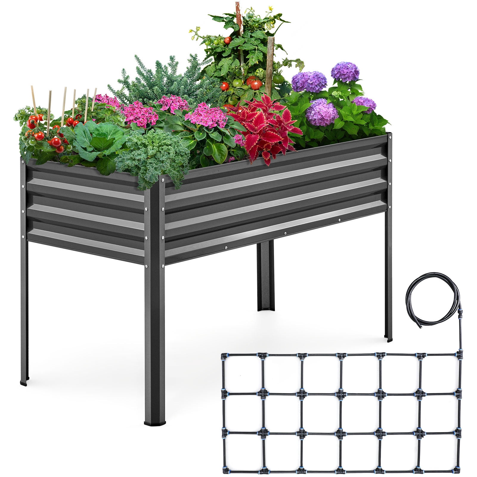 KING BIRD Raised Garden Bed with Irrigation System and Legs Galvanized Elevated Planter Box 48×24×30 in for Backyard, Patio, Balcony, 400lb Capacity, Dark Grey